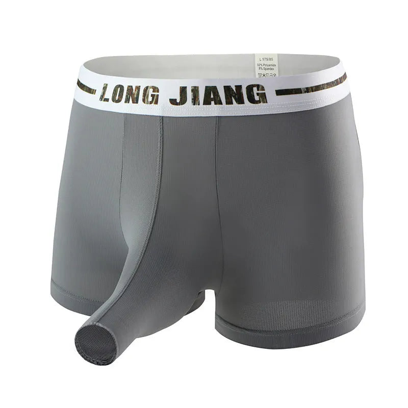 Men's ice silk trunk open boxer shorts in multiple solid colours showing mid waist fit.
