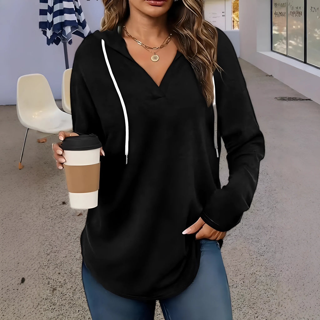 Women's red hooded V-neck sweatshirt with loose fit and long sleeves
