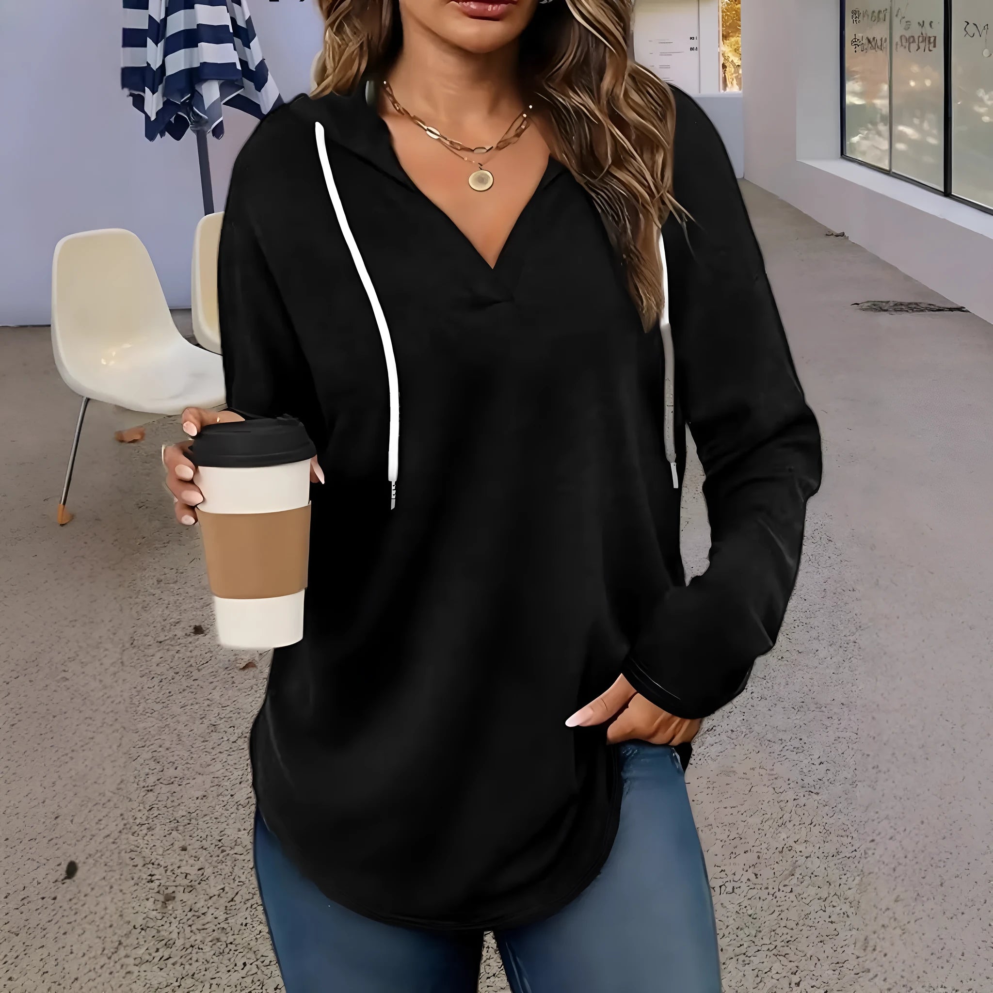 Women's red hooded V-neck sweatshirt with loose fit and long sleeves