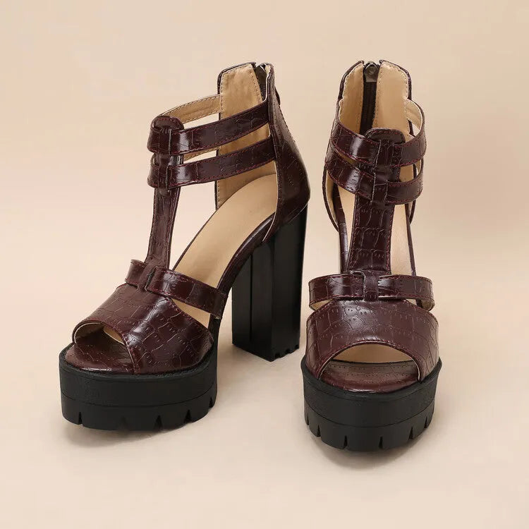 Women's black platform high heel sandals with a round toe and back zipper.