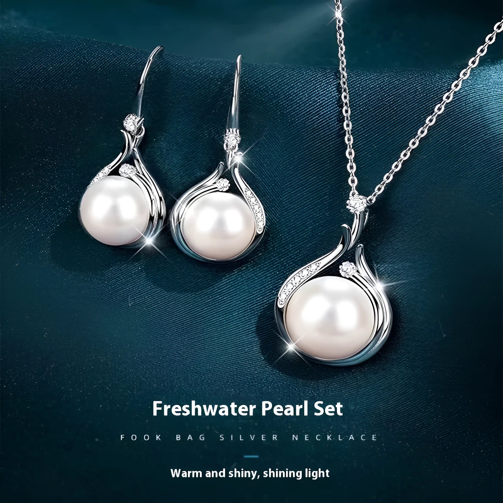 S925 silver necklace with natural freshwater pearl and geometric mother-of-pearl pendant on cross chain over a knitted sweater