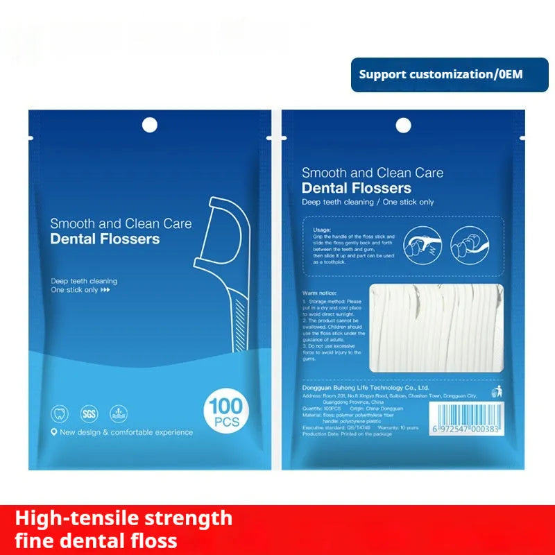 Dental floss with individual packaging showing 100 piece and 108 piece options in plastic material