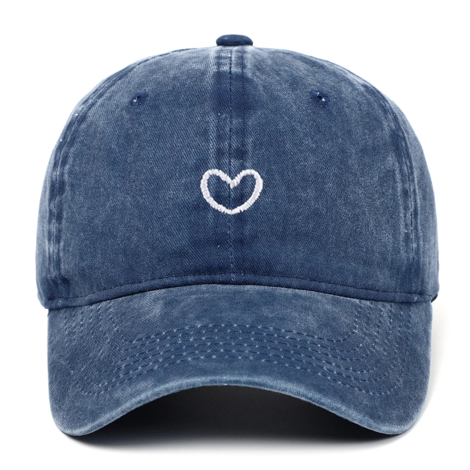 Retro style baseball cap with small love embroidery on cotton fabric in an adjustable dome crown design.