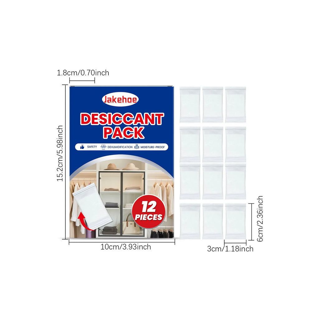 Twelve calcium chloride desiccant bags with wood pulp for household moisture control