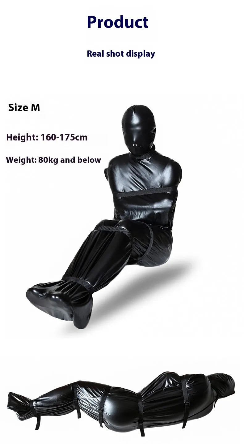Black patent leather bondage restraint kit with body wrap and six ratchet tie down straps