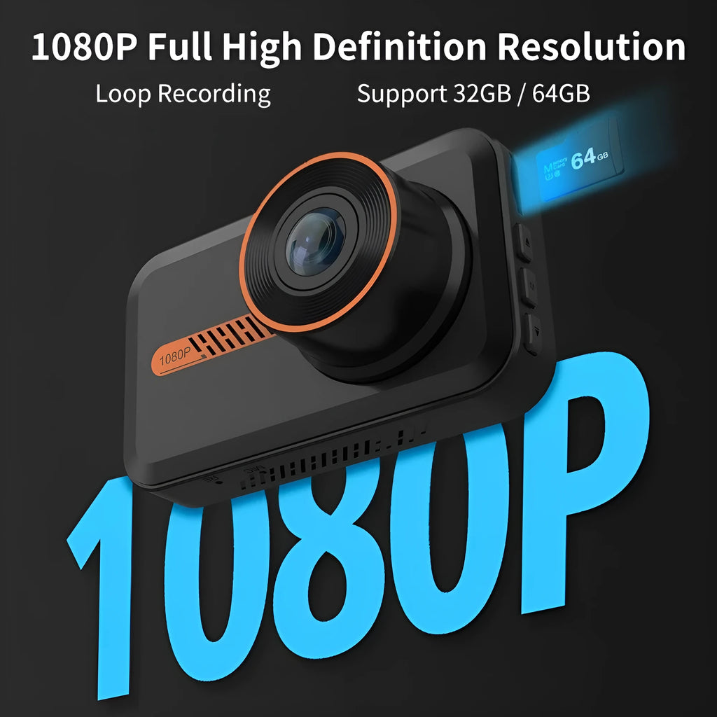 ThiEYE front and rear dash cam with 3-inch screen, suction cup mount, rear camera, and installation cables