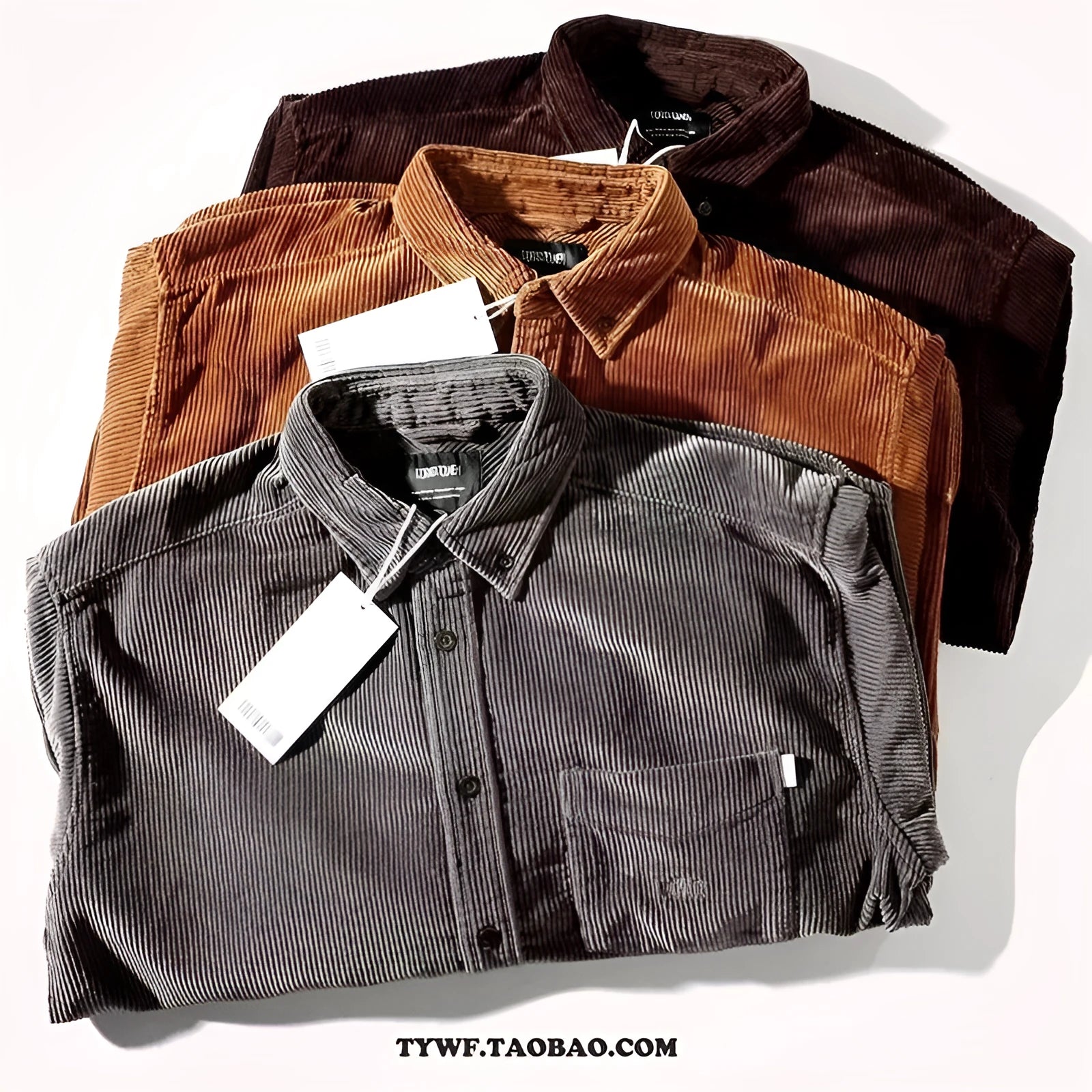 Long sleeve loose corduroy shirt in caramel colour with cardigan style for youth leisure wear.