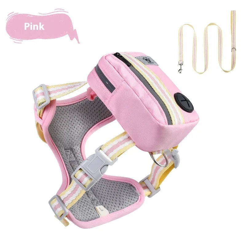 Explosion-proof anti-strangulation pet harness with traction rope in green, blue, pink, or yellow