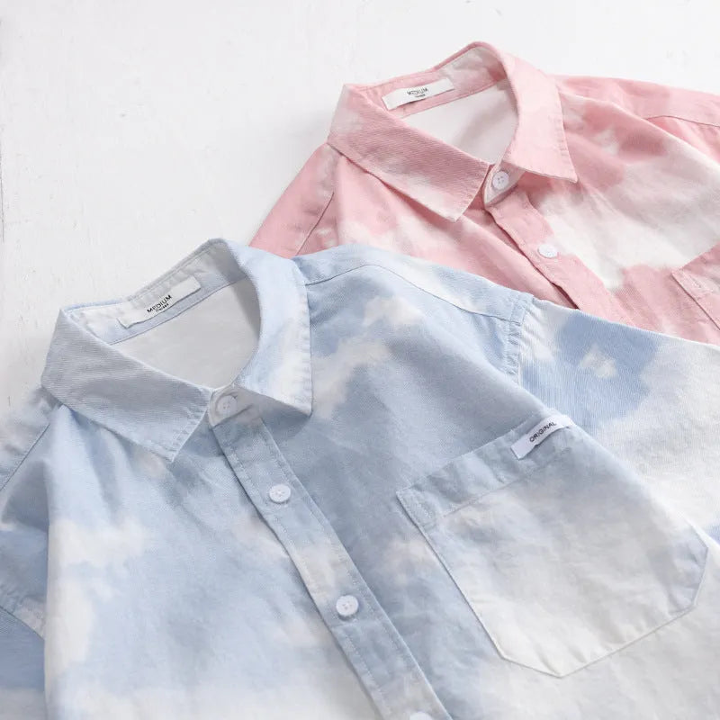 Men's light pink pure cotton short-sleeved shirt with loose cardigan style