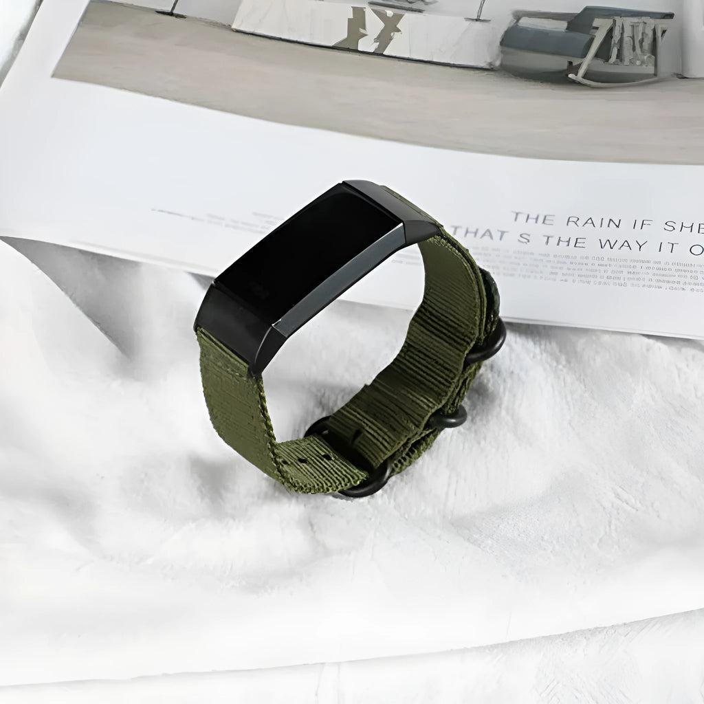 Nylon three-ring buckle replacement strap for Fitbit Charge fitness tracker in multiple colours.