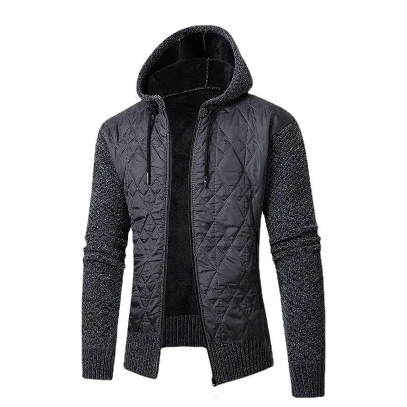 Men's grey hooded sweater coat cardigan with cinched waist and corduroy texture