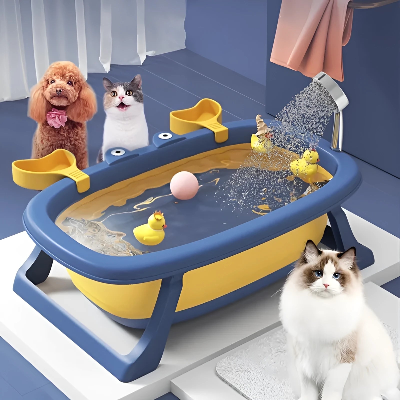 Light blue foldable portable pet tub for washing a small dog or cat