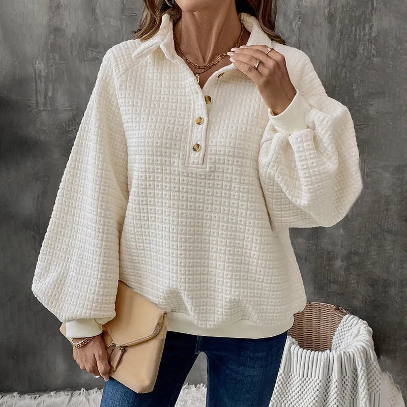 Women's thick textured polo collar sweater in milky white solid colour