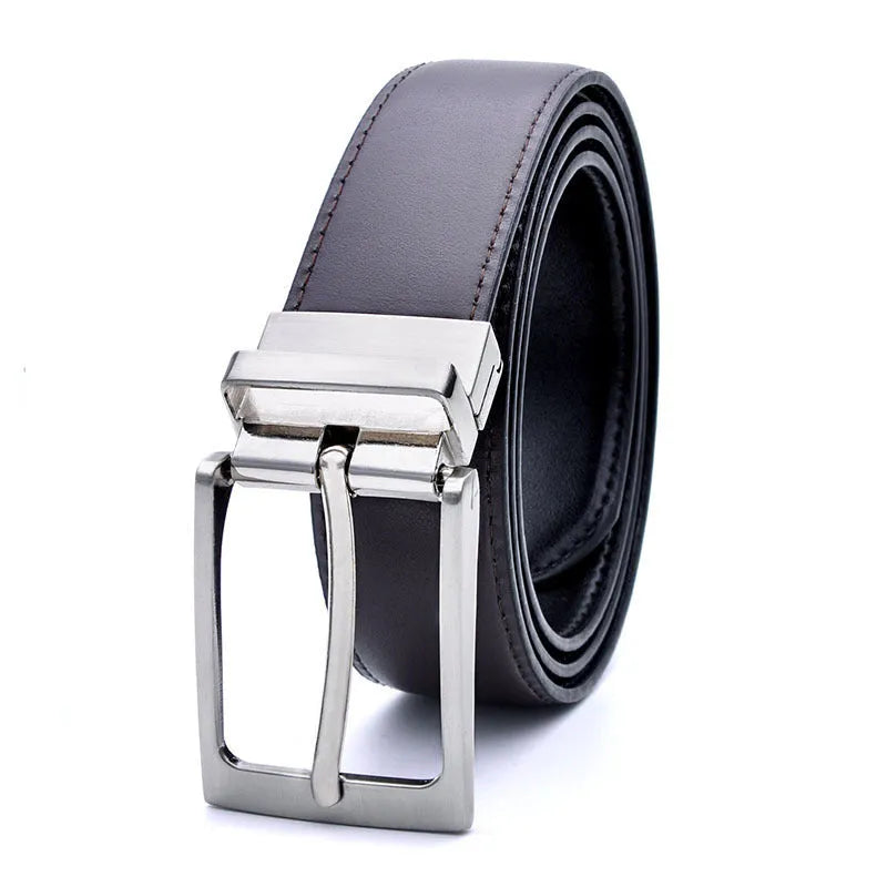 Men's dark brown and black genuine leather belt with a rotating alloy pin buckle