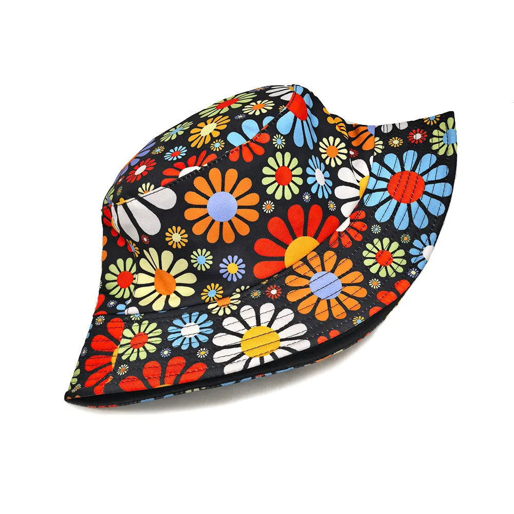 Colourful retro flower print polyester bucket hat with dome crown on white background.