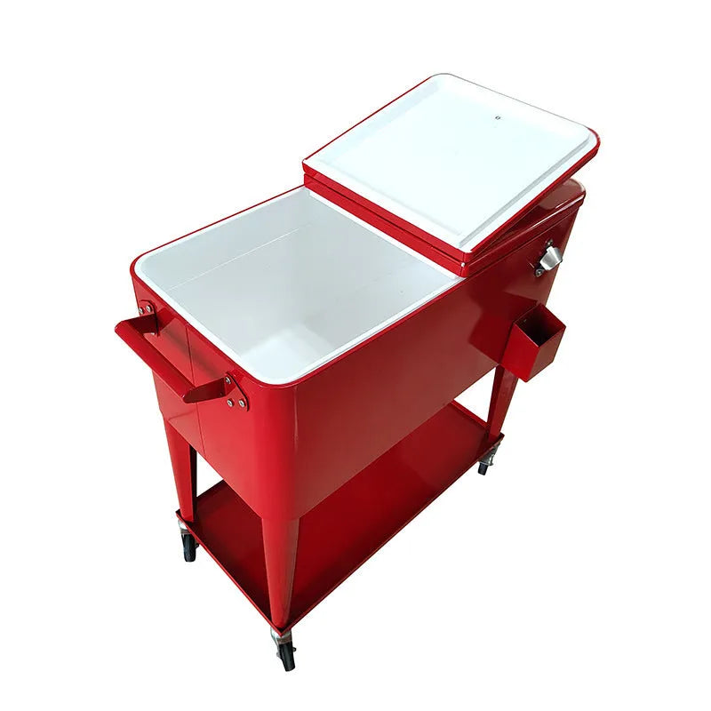 Red outdoor insulated picnic cart with metal frame and wheels for portable cooling