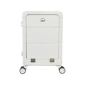 Front opening 20-inch cabin suitcase in titanium silver colour showing separate compartment and universal wheels