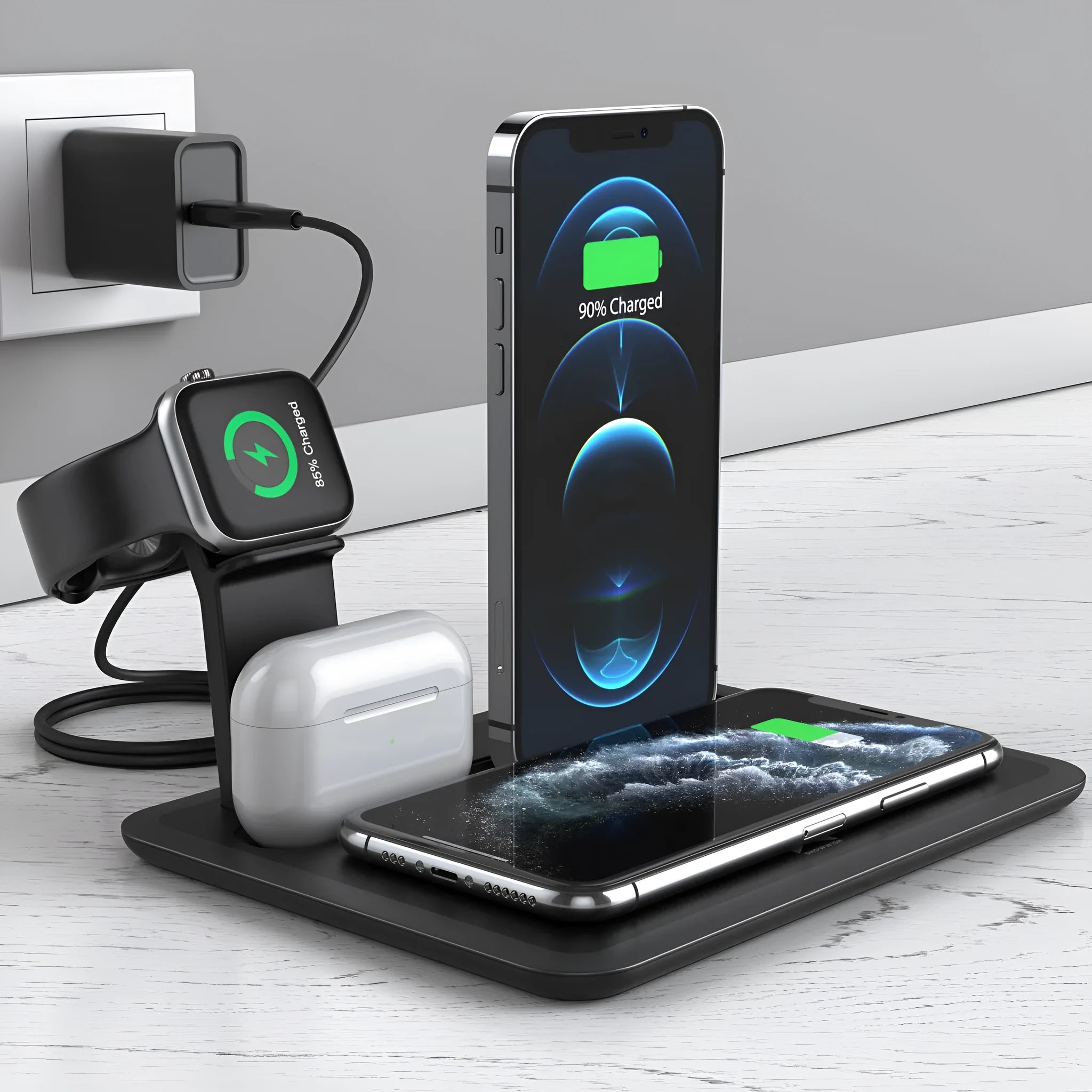 Black and white desktop charging station for wireless phone, watch, and headphone charging with USB cable.