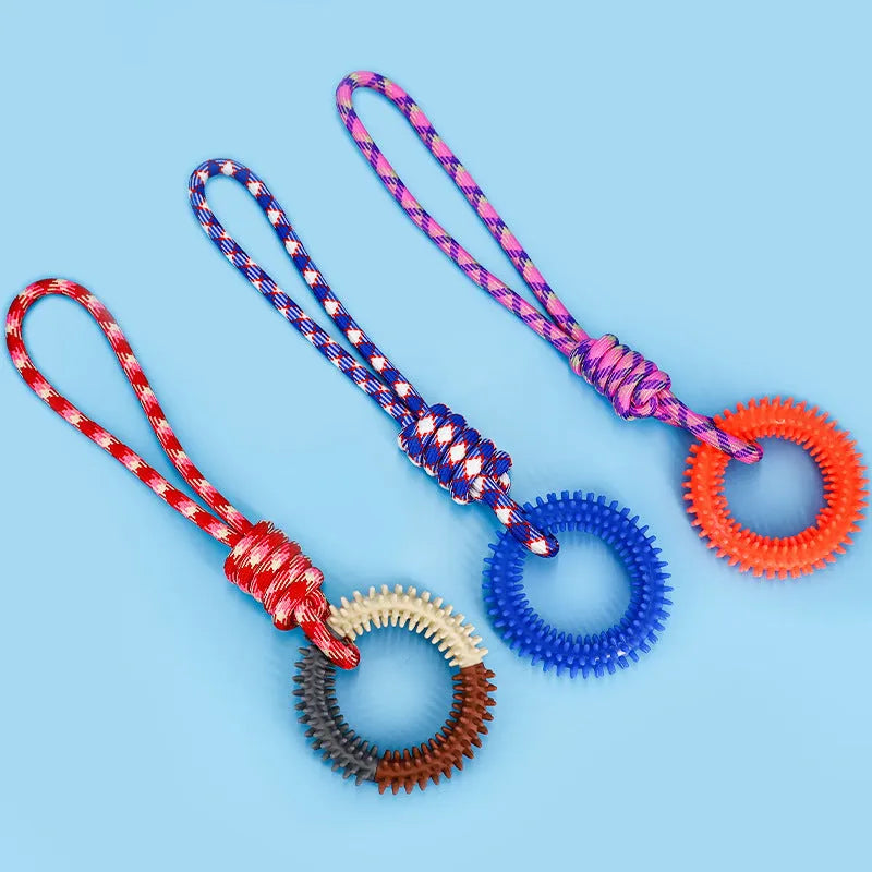 43 cm long braided rope dog chew toy with multiple knots in Blue, Red, and Rose Red colour options