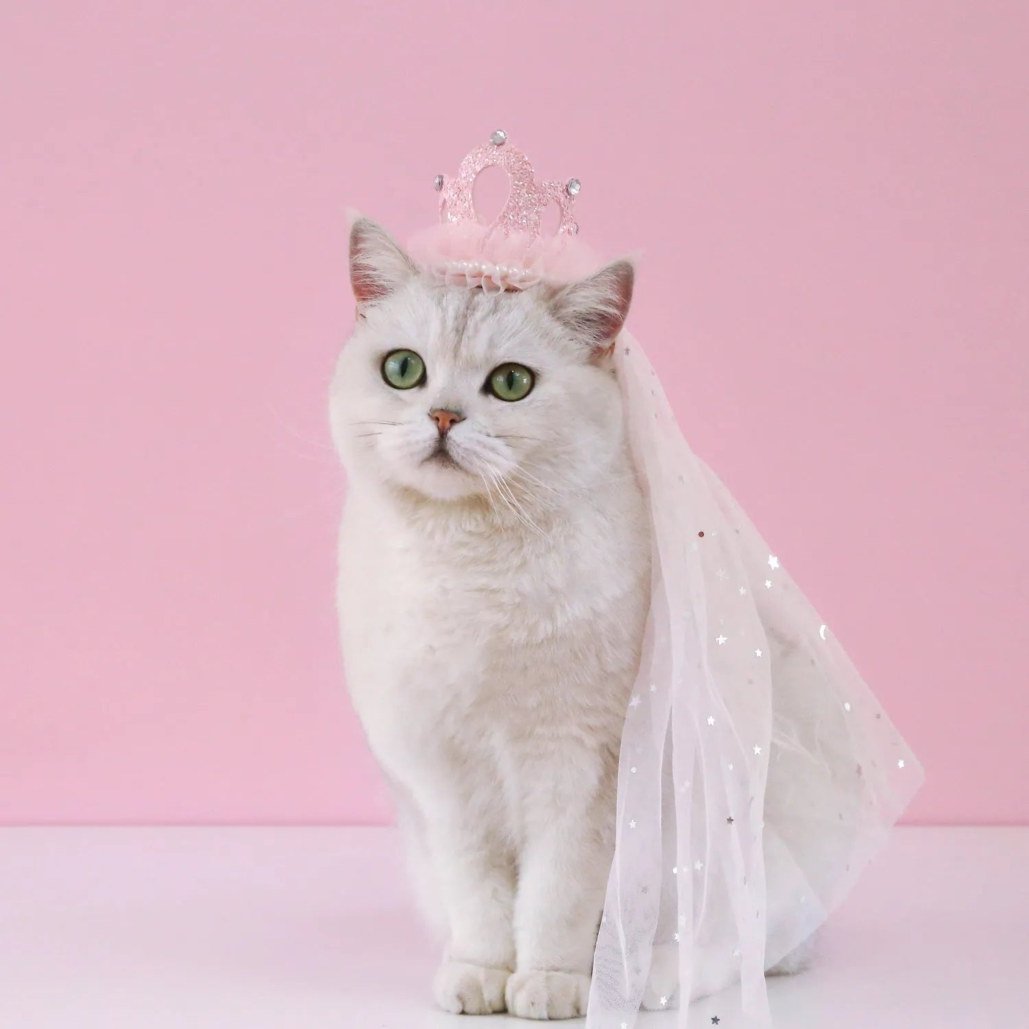 Princess crown headdress with veil for a cat, shown in beige and pink colour options.