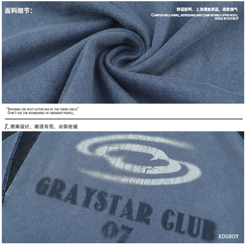 Men's blue loose fit cotton t-shirt with white hip hop letter print and raglan sleeves