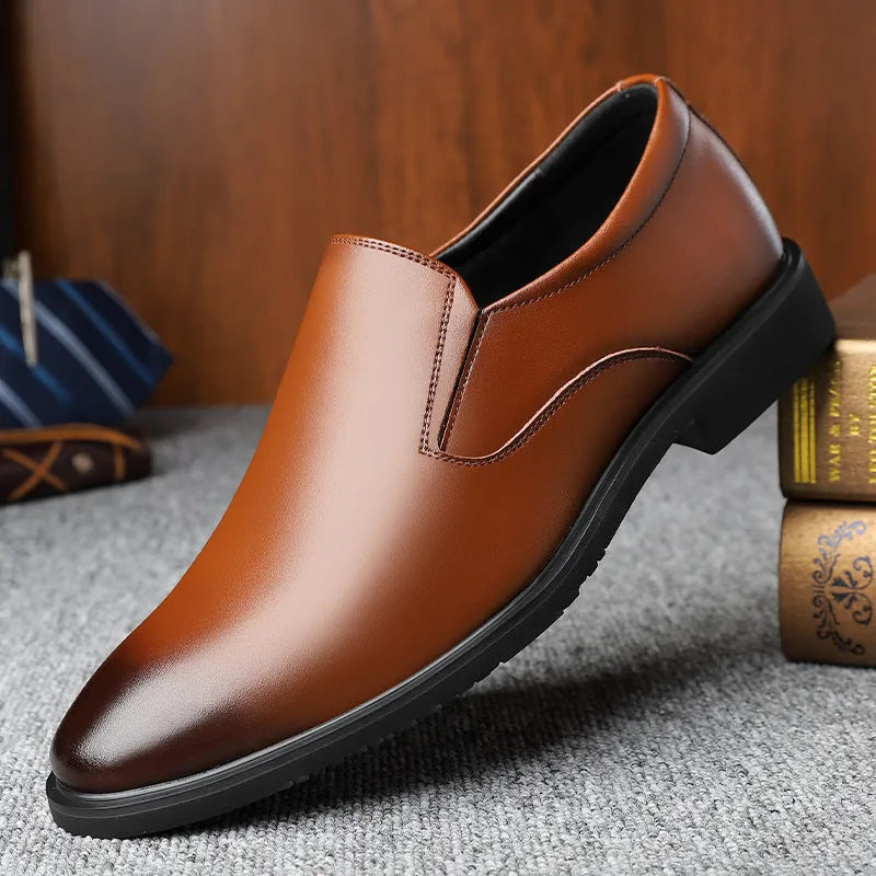 Men's black business casual slip-on shoes with leather toe cap and rubber sole