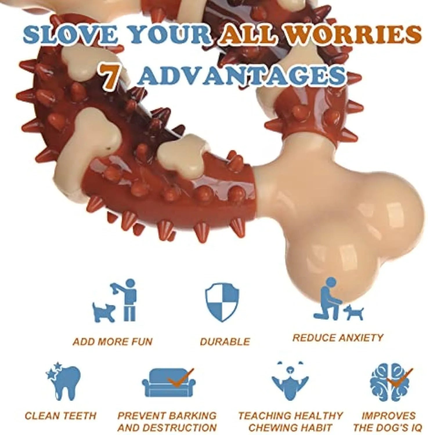 Natural rubber bone-shaped dog molar chew toy in two sizes for teeth grinding and anxiety relief