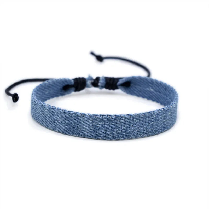 Denim fabric bracelet strap with leather adjustable cord in multiple colour options