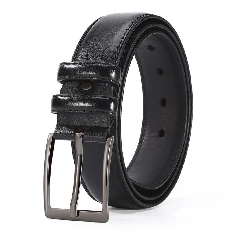 Men's black imitation leather business belt with an alloy pin buckle and laser logo elephant pattern.