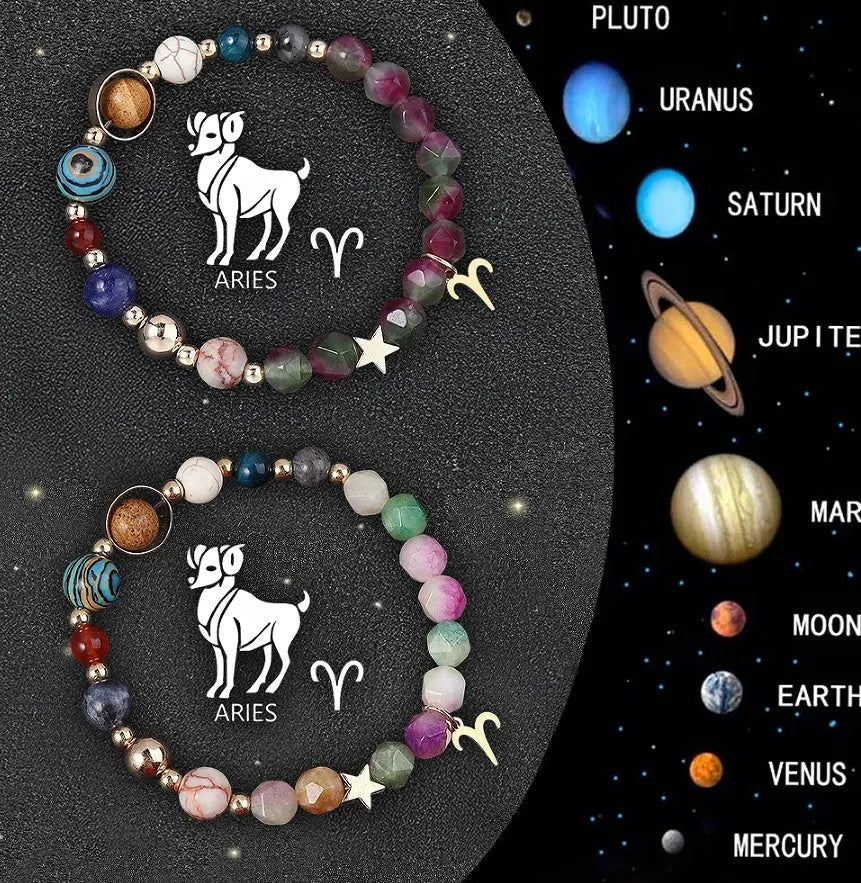Set of two natural stone beaded bracelets for the twelve zodiac signs.