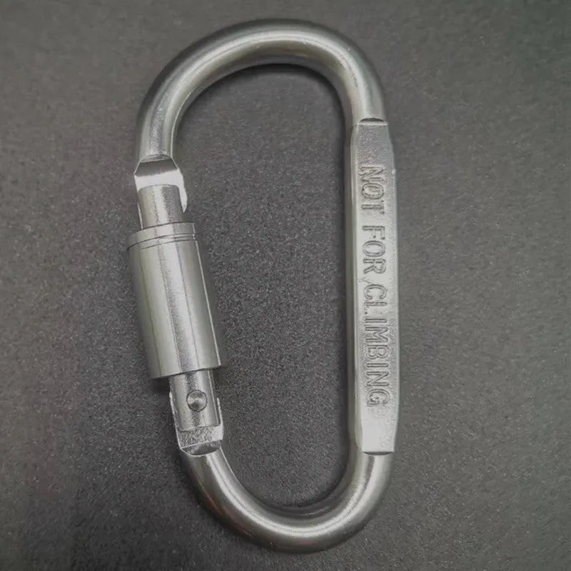 A D-type aluminium locking carabiner with an 8cm flat profile on a neutral background.