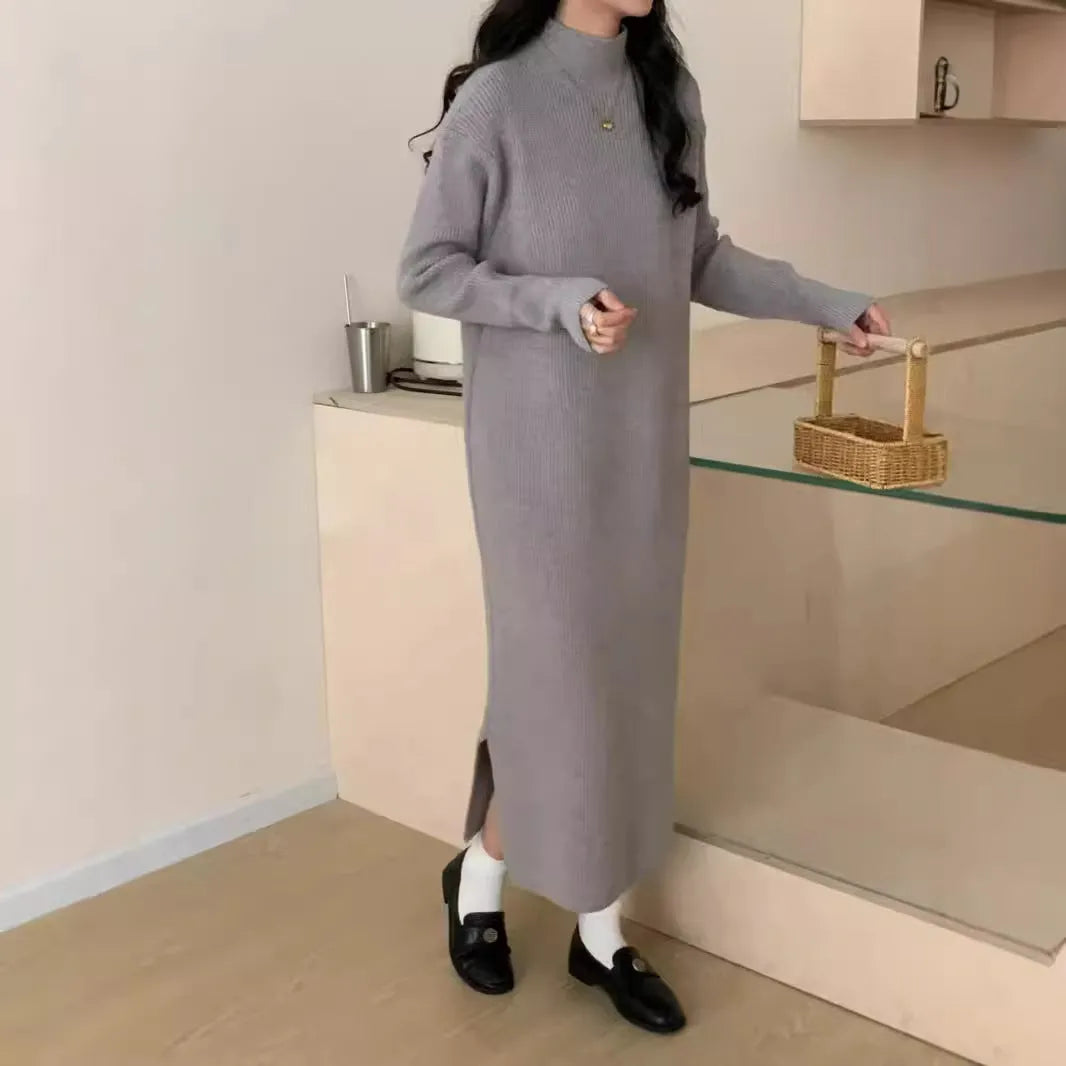 Half turtleneck acrylic knitted dress in graphite colour with long sleeves