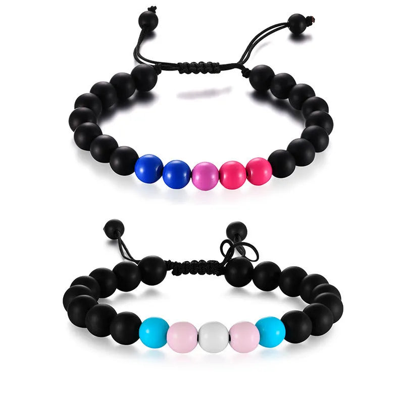 Polished black agate and acrylic beaded bracelet with 8mm beads and letter detailing