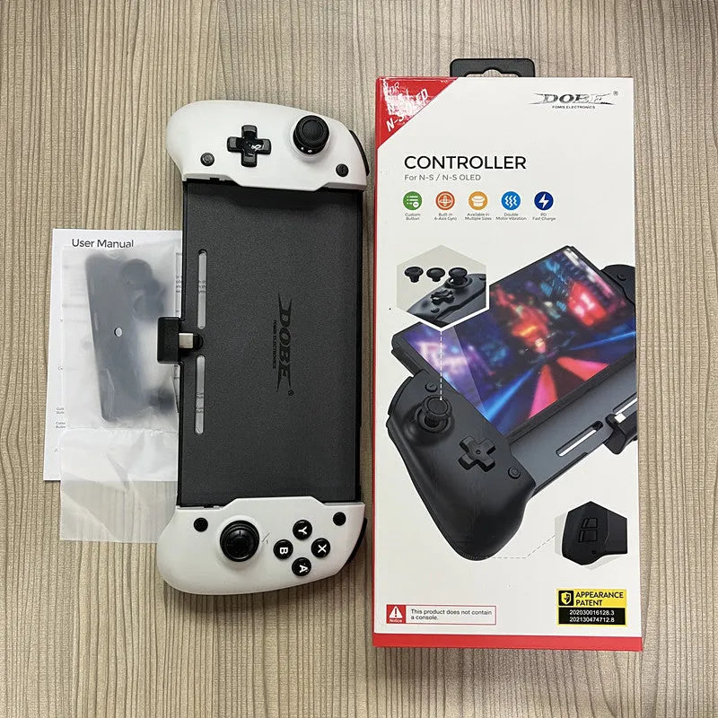 Black portable Switch gamepad attached to Nintendo Switch OLED console showing controller layout