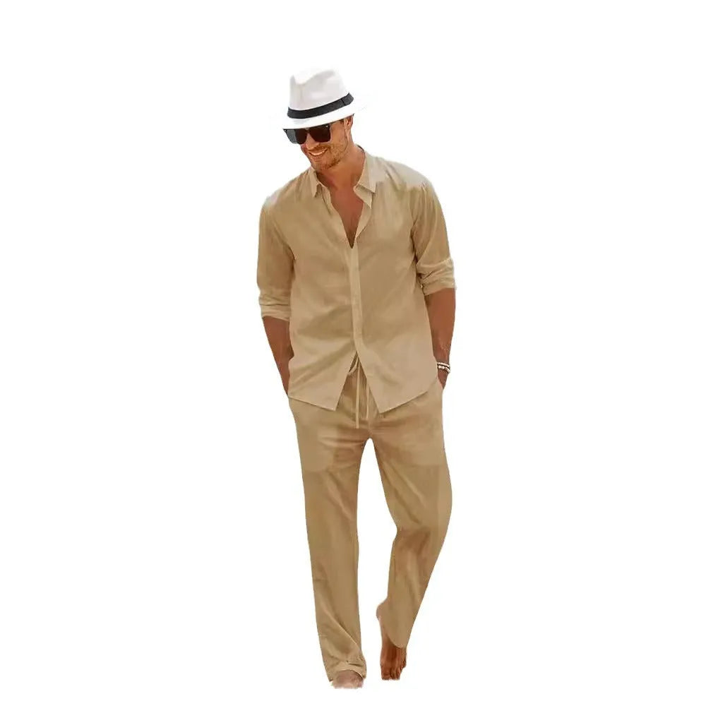 Men's cotton long sleeve casual set top and trousers in multiple colours including black white gray khaki sky blue