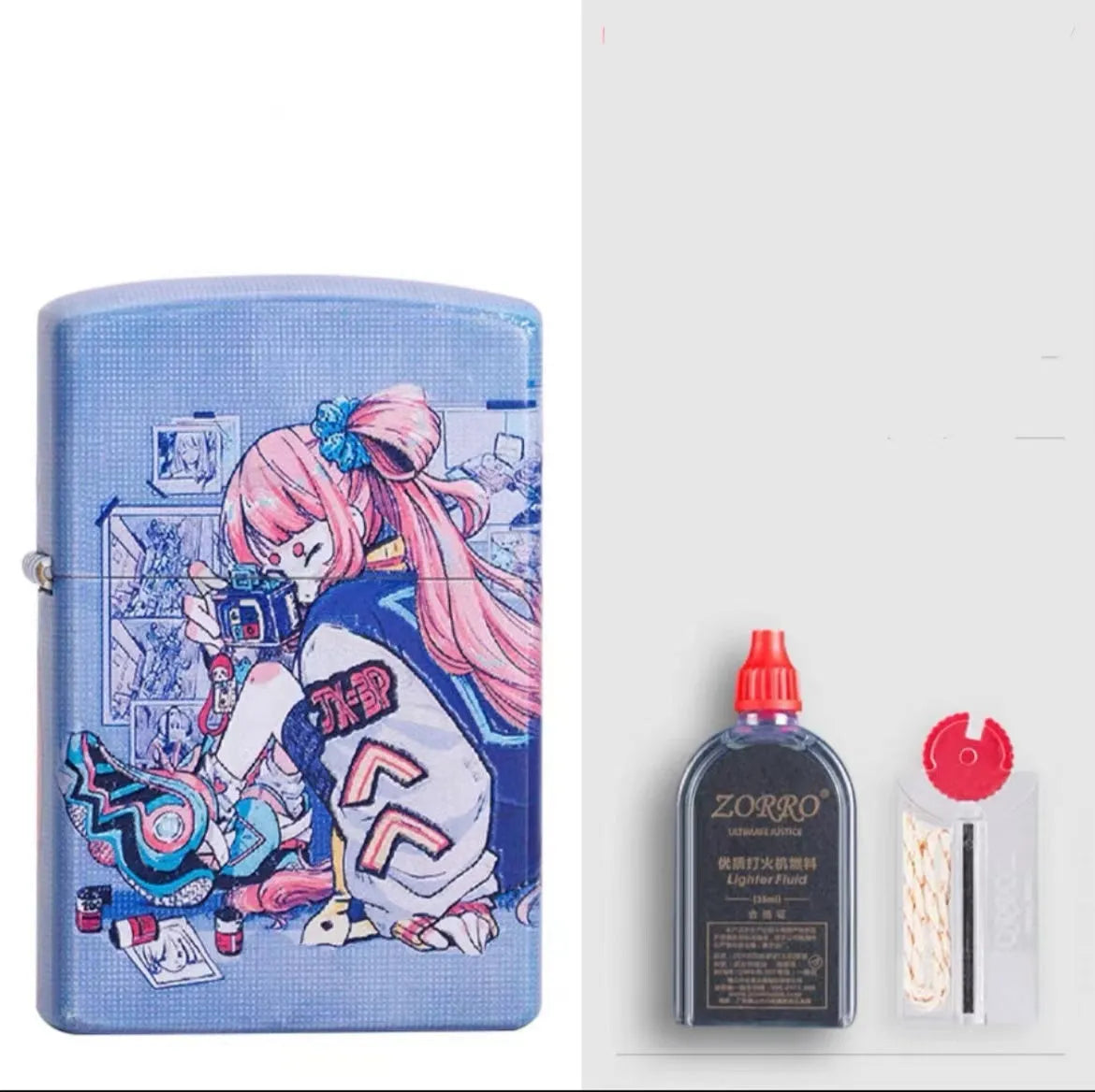 Windproof kerosene lighter with decorative copper case showing artistic design
