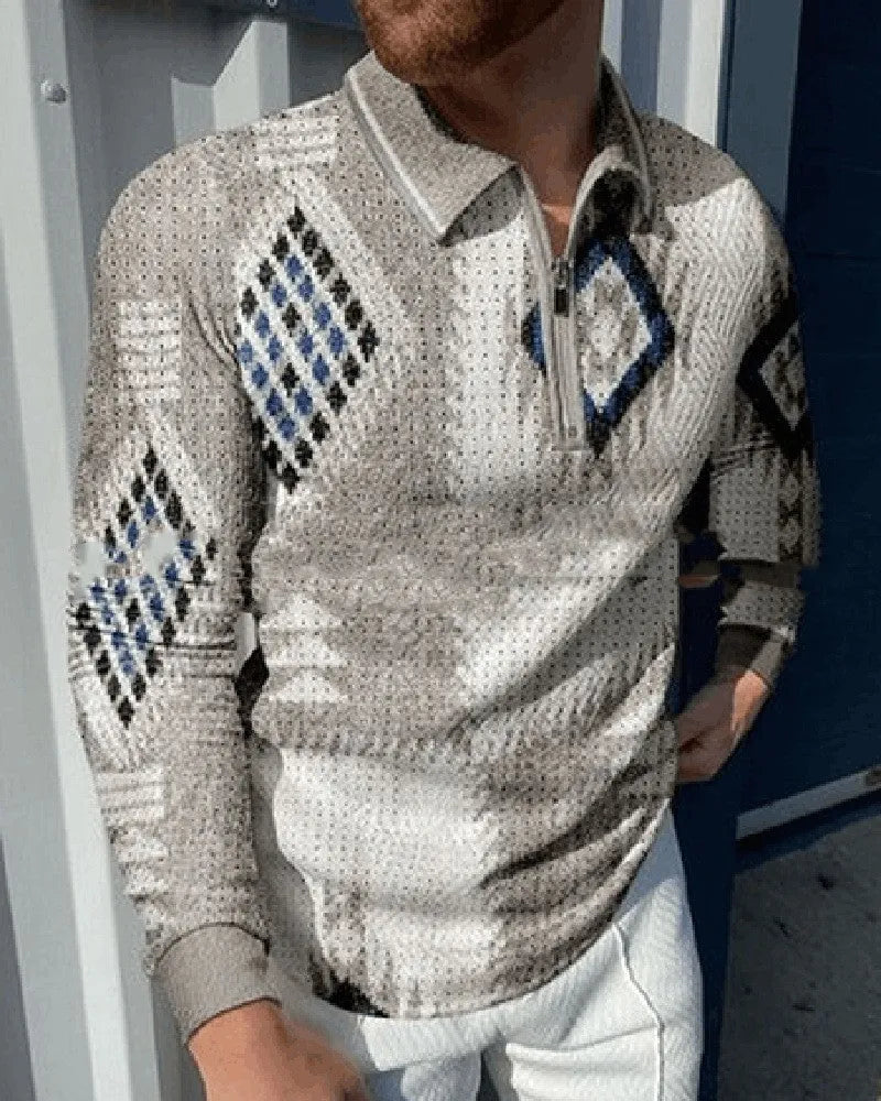Men's casual lapel pullover with digital print in cotton blend fabric, loose fit