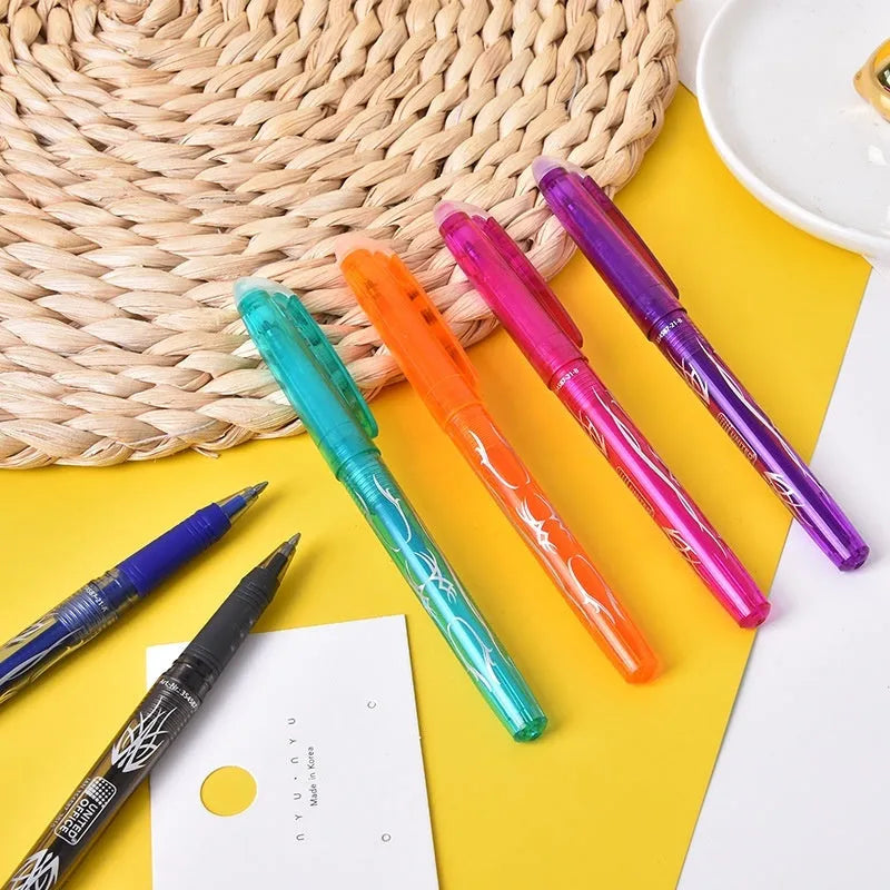 Heat-erasable gel pen with stainless steel nib in multiple colours showing 0.5mm and 0.7mm options