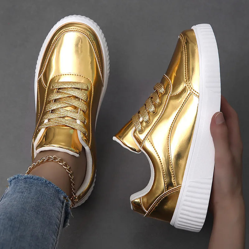 Unisex rose gold sequin platform sneakers with thick sole and round toe.
