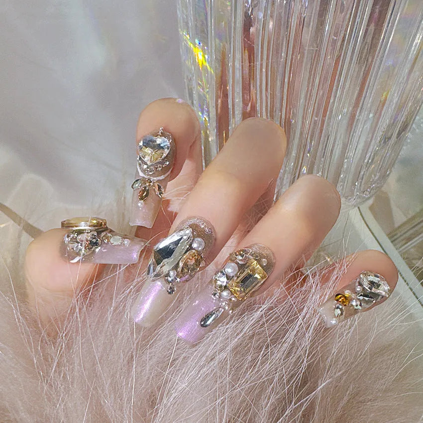 Rhinestone-decorated false nail patches set with phototherapy sealing in S number sizing