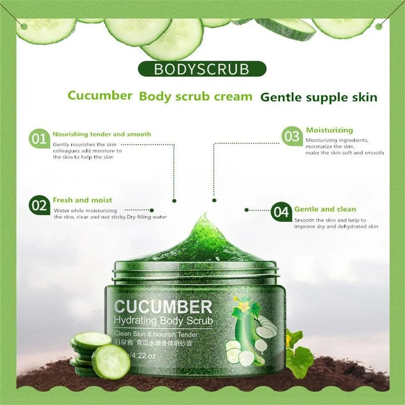 Cucumber skin beauty face and body scrub in green packaging for gentle exfoliation and brighter skin