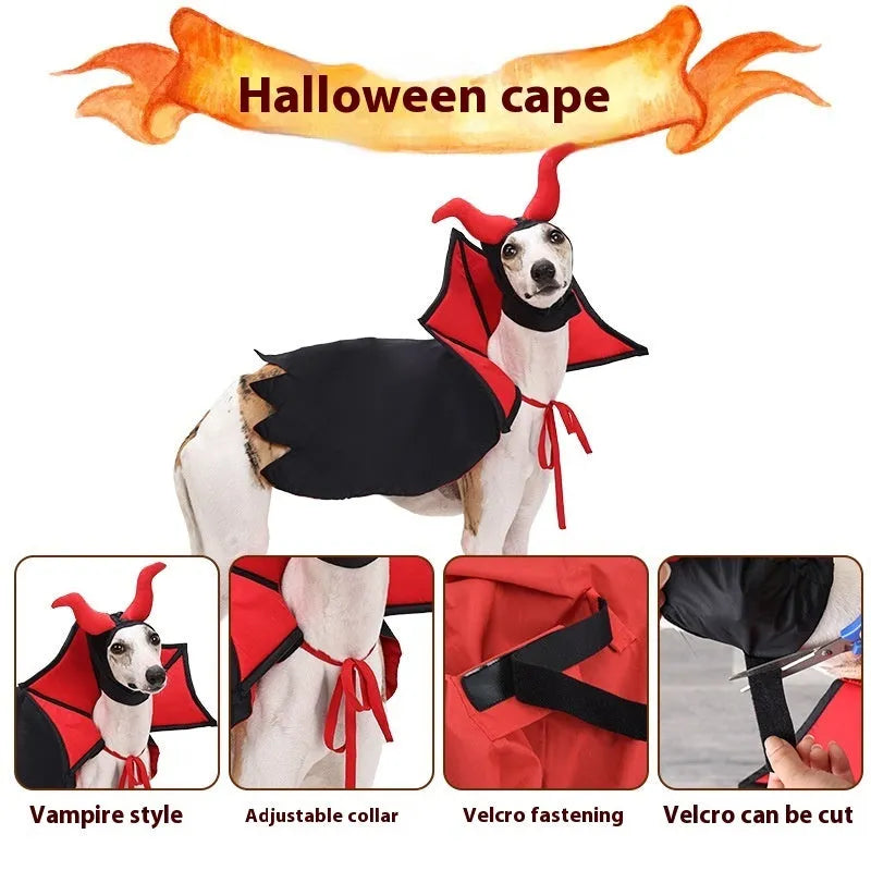 Black polyester vampire cloak and hat Halloween costume for pets on a white background