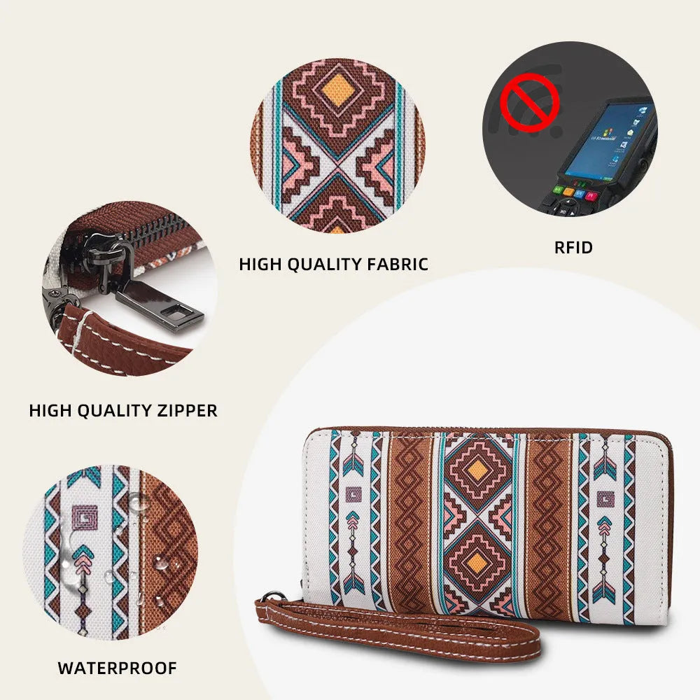 Bohemian striped canvas RFID wallet showing card slots and 20x10x2cm dimensions