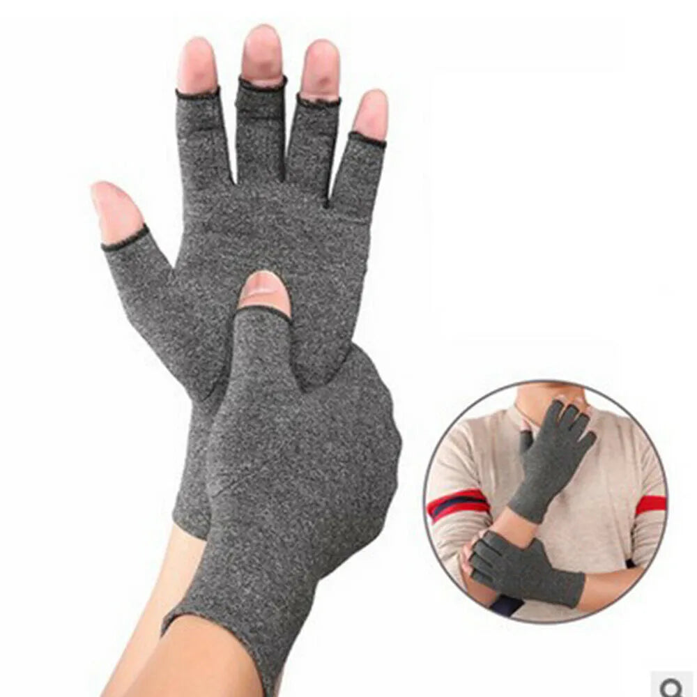 Grey half-finger compression gloves with anti-slip grip made from trueran spandex material