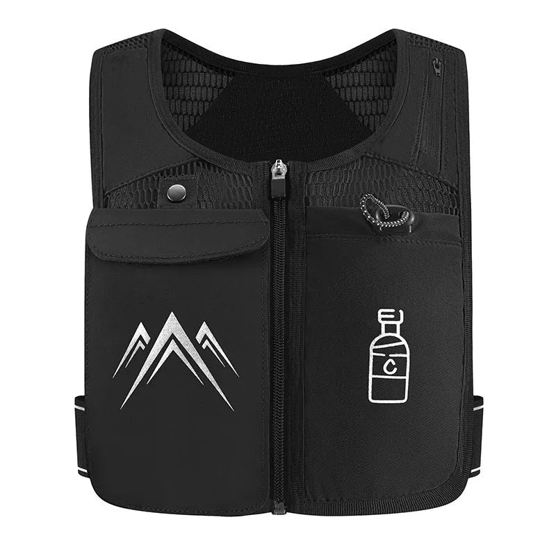 Breathable mesh sports running vest with integrated mobile phone pocket, shown in classic black colour.