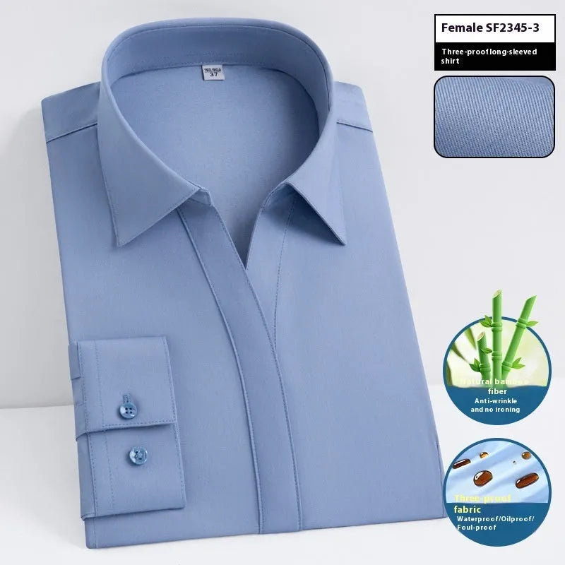 Men's slim fit waterproof bamboo fibre dress shirt with square collar and long sleeves.
