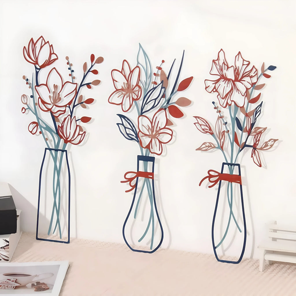 Three metal flowers wall art pieces with vase designs in farmhouse style
