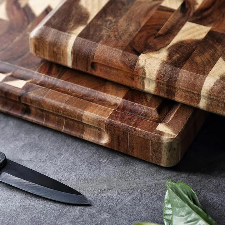 Brown solid wood cutting board with parquet construction and 3cm thickness for kitchen food preparation