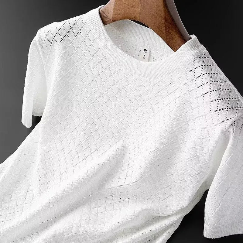 Men's ice silk T-shirt in black and white with V-neck and round neck options showing Korean-style design
