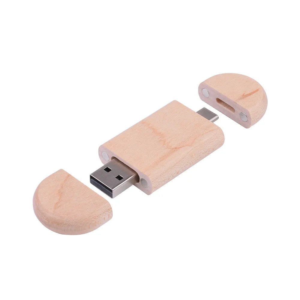 Maple wood carved USB flash drive with Type-C phone connector showing custom engraving